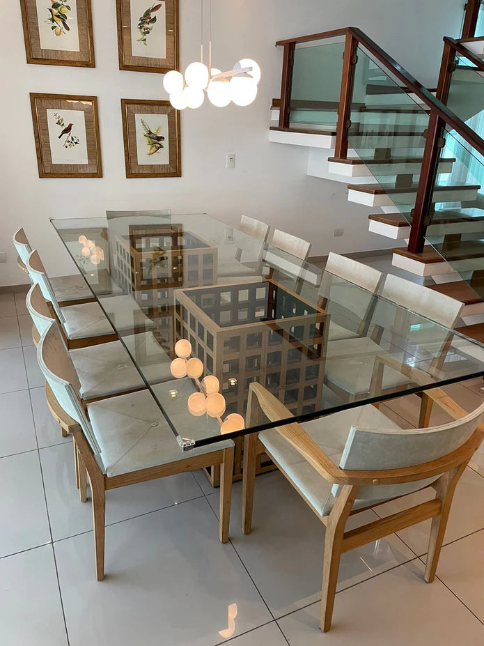 Mesa de Vidro Base em Cubos de Madeira Maciça - Ninho Móveis