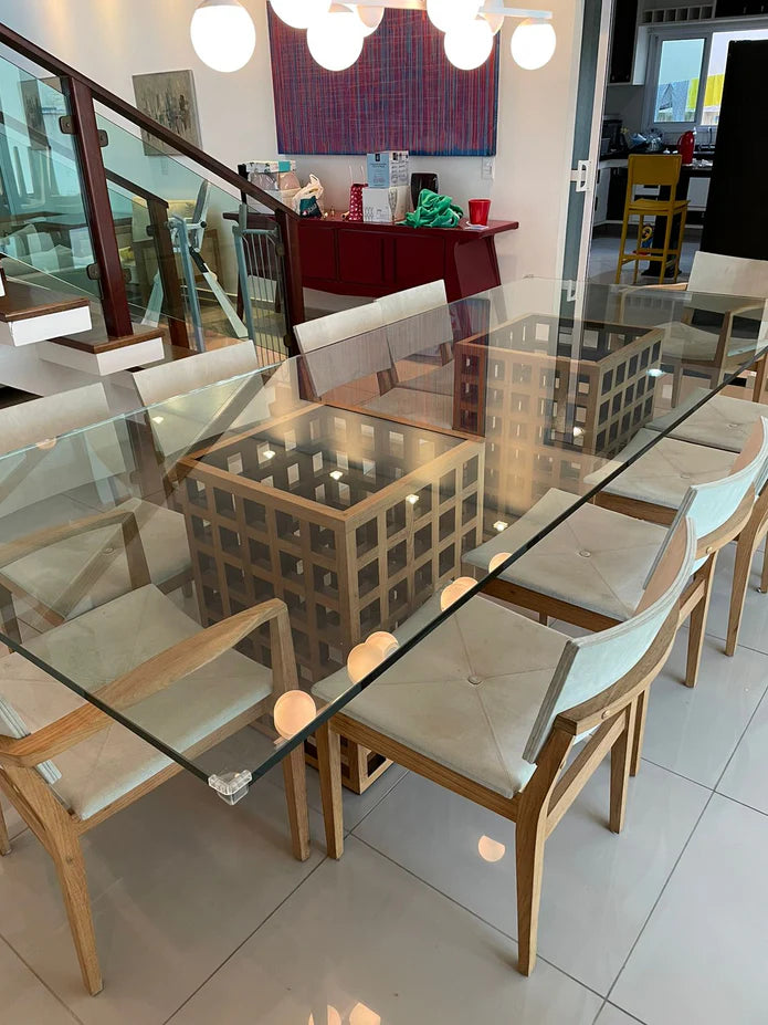 Mesa de Vidro Base em Cubos de Madeira Maciça - Ninho Móveis