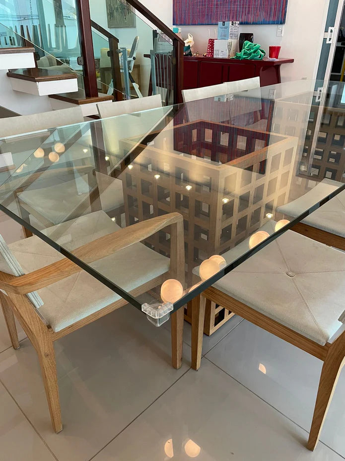 Mesa de Vidro Base em Cubos de Madeira Maciça - Ninho Móveis