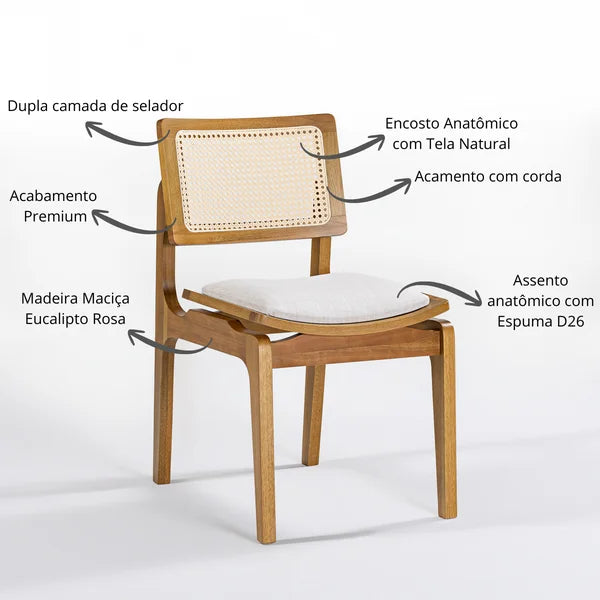 Cadeira de Madeira Maciça com Telinha Natural Estofada - Ninho Móveis
