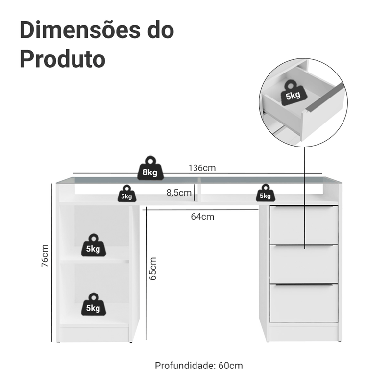 Penteadeira 3 Gavetas Tampo em Vidro - Ninho Móveis