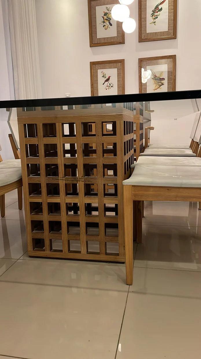 Mesa de Vidro Base em Cubos de Madeira Maciça - Ninho Móveis
