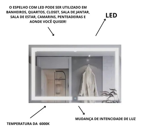 Espelho Retangular com LED Touch Screen - Ninho Móveis