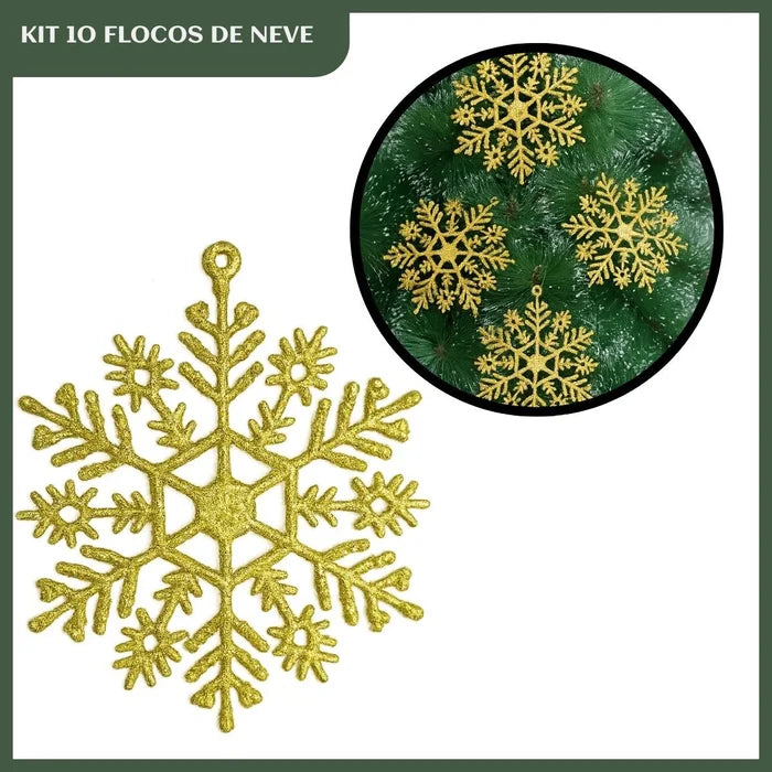 10 Flocos de Neve Dourado Grandes com Glitter - Ninho Móveis