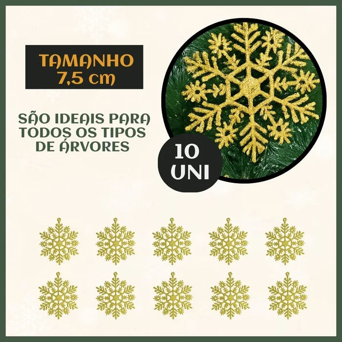 10 Flocos de Neve Dourado Grandes com Glitter - Ninho Móveis